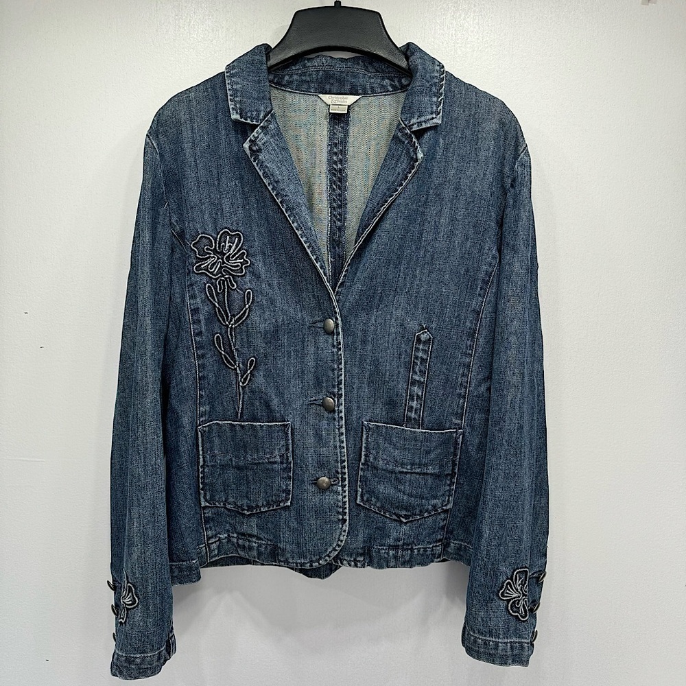 Denim Embroidered Flower Button Front Jean Jacket Blazer by Christopher & Banks